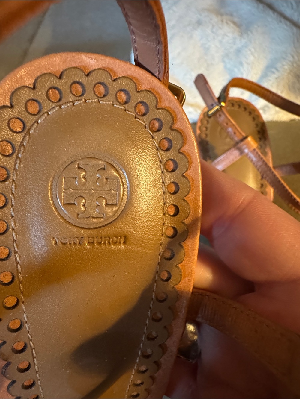 Tory Burch Tan Laser-Cut T-Strap Heels - Picture 6 of 6